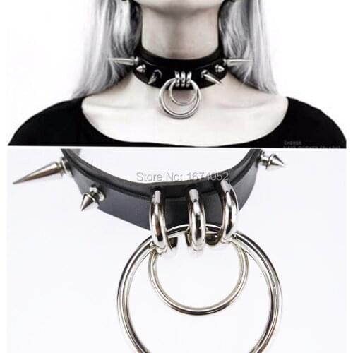 Punk Gothic Handcrafted Metal Double O Round Spiked Spikes Layered Leather Collar Choker Necklace