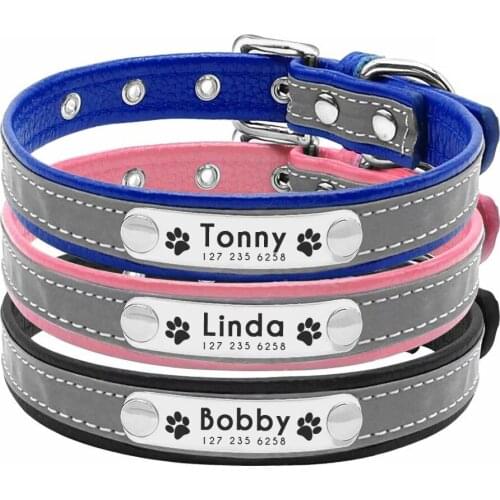 AiruiDog Personalized Dog Collar Reflective Leather ID Name Custom Engraved Puppy XS-L