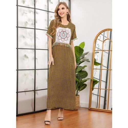 New Summer Women Dress Muslim Elegant Print India Abayas Moroccan Kaftan Short Sleeve Turkey Islamic Clothing Vestidos jubah