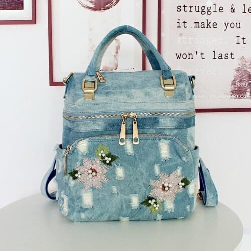 Denim Casual Backpack Women Flower Embroidery Pearls Beads Hole Ripped Jeans Travel Backpack Fashion Teenage Girls Satchel Bag