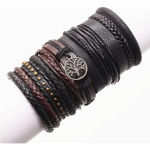 QIANZHIYUXIU 10pcs/set Wholesale Men Bracelets For Women Rivets Tree Charm Multi-layer Brown Wrap Leather Bracelet & Bangles