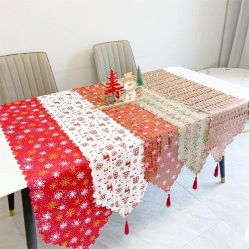Christmas Decoration Linen Printed Tassel Table Runner Table Decoration Tablecloth Red Snowflake Placemat 33*180cm