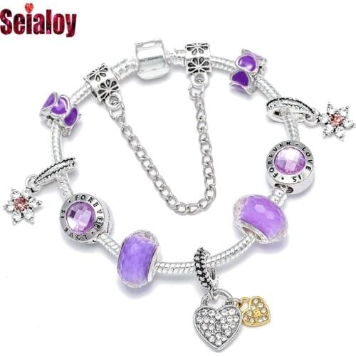 Seialoy Fashion Purple Crystal Flowers Beaded Shiny Heart Charm Bracelets For Women Original Popular Bangle Girl Holiday Jewelry
