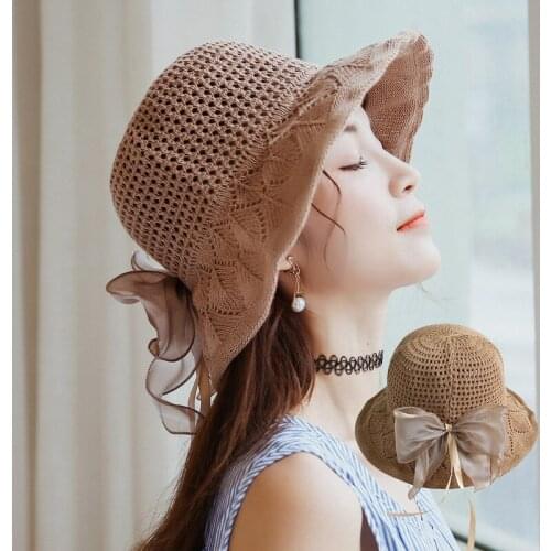 Bow Sun Hat Wide Brim Summer Hats for Women Beach Straw Bucket Hat Femme Shade Hat