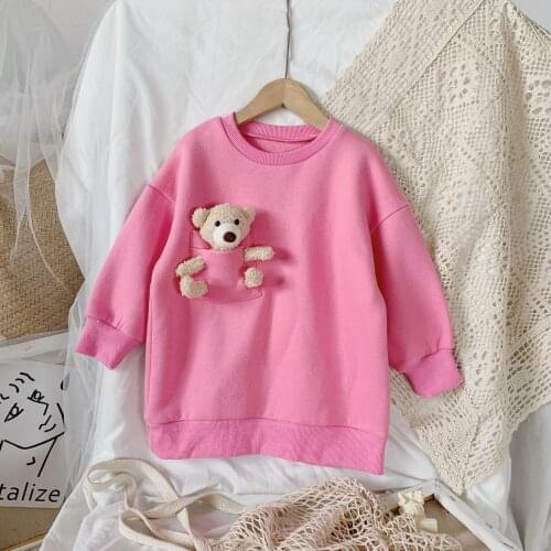 Little Girl’s Cartoon Bear Patchwork Sweatshirt Autumn and Winter Long-sleeved Fleece Pullover Sweater