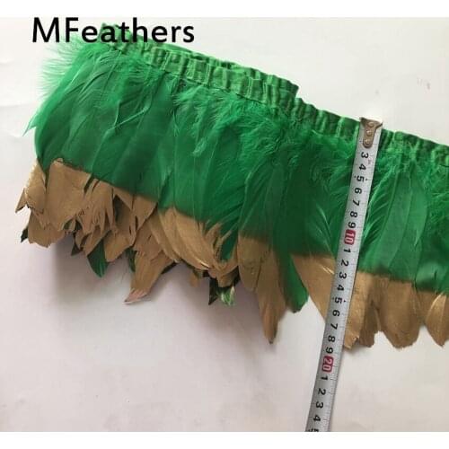 Deep Green Dyed Goose Duck Feather Ribbon Gold Tips Feather Trims 15-20CM Width Natural Feathers Lace Carnival Decorative Plumes
