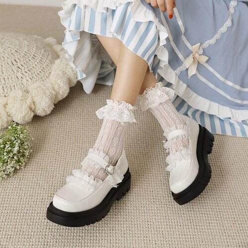 IPPEUM Womens Shoes Lolita Girls Mary Janes Shoes Bowknot Princess Ruffles Japan Sweet Bride Wedding Party Dress Pumps Cosplay