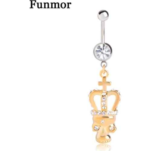 Funmor Crown Skeleton Crystal Navel Piercing Jewelry Stainless Steel Pendant Belly Button Ring Ball Piercing Nombril Bar Joias