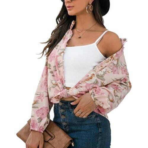 2021 Autumn Wear Women Flower Shirt with Single Breasted Long Sleeve Loose Fit Elastic Cuffs Sweet Style Clothing