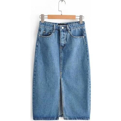 Ladies High Waist Midi Skirt Sexy Denim Skirts for Women 2021 Fashion Split Mid Calf Length Skirts Vintage Pocket Blue