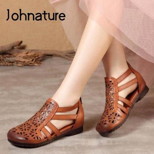 Johnature Retro Zip Shoes Women Sandals Genuine Leather 2021 New Summer Sewing Flat With Handmade Concise Casual Ladies Sandals