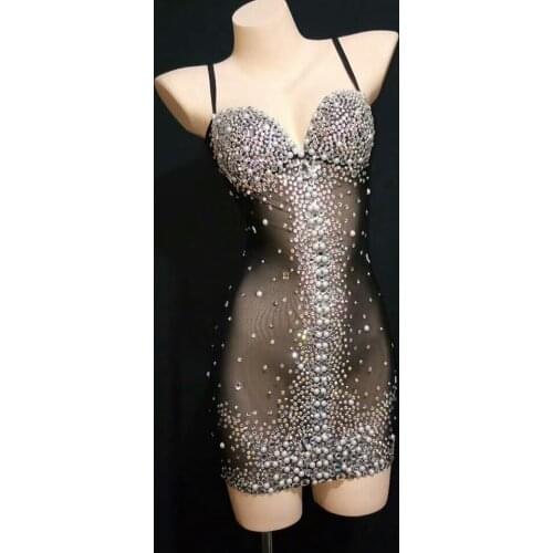 Sexy perspective Black Rhinestones Dress See-through Mesh Crystals Dress Party Celebration Dress Women Singer Nightclub Costumes