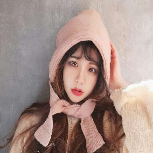 Winter Beanie Hat Women Solid Color Knitted Skullies Cap with Earflaps