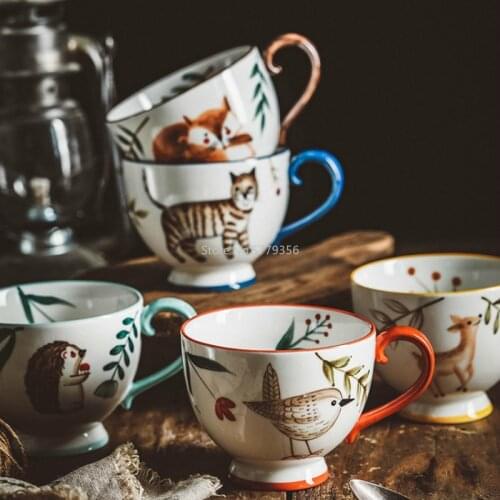 400ml Vintage Ceramic Animal Mugs Handpainted Cat Fox Deer Bird Hedgehog Porcelain Coffee Tea Cups Unique Wedding Birthday Gifts
