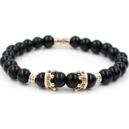 8mm nhg32 gold silver micro pave cz zircon cubic zirconia elastic adjusted Charm bead Bracelet black agate Onyx Stone Bangles