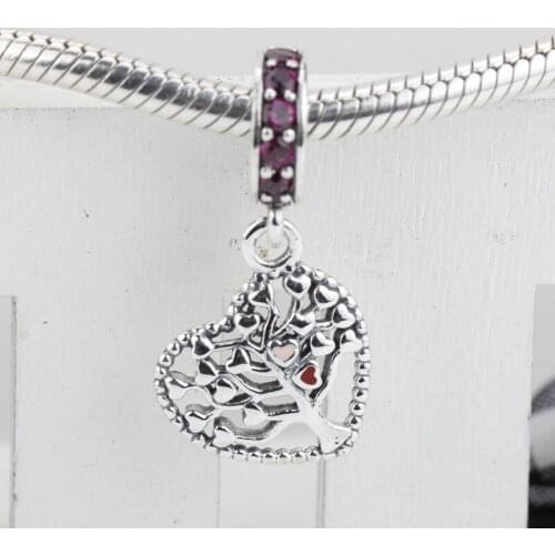 925 Sterling Silver Pink Family Tree Dangle Charm Fit Pnadora Original Charms Bracelet Silver 925 Bead DIY Jewelry