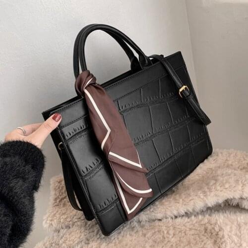 Vintage Large Crocodile Effect Tote Scarf Women Handbags PU Leather A4 Work Female Briefcase Ladies Shoulder Crossbody Bags 2021