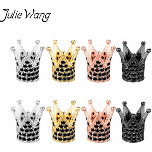 Julie Wang 3PCS Crown Beads DIY Copper Metal Micro Pave Black Cubic Zirconia Crown Spacer Beads For Bracelet Jewelry Making