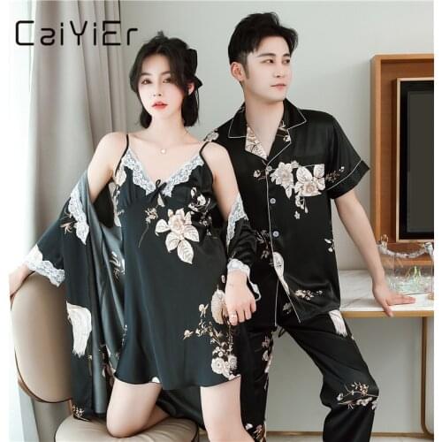 CAIYIER Luxury Couple Pajamas Suit Summer Sexy Silk Condole Belt Robe Men&Women Sexy Silk 2PCS Suit Man Short Sleeves Sleepwear