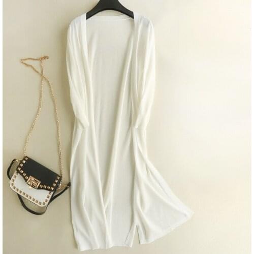 Long Knitted Solid Cardigan For Women Summer New Long-Sleeved Loose Casual All Match Knee-Length Office Lady Elegant Outwear Top