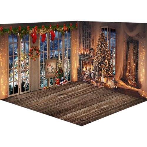 Photography Backdrops Christmas Party Background Cuddle Up Dark Wooden Cozy Cabin Room Backdrops Window Light Tree Gifts Stove