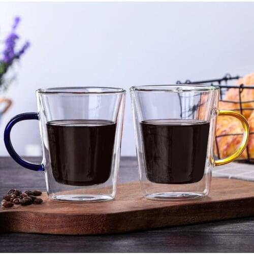 Hot Selling 300ml Double-Layer Coffee Glass Cup Heat Resistant Glass Insulation Mug Tea Cup Drinkware Blue Yellow Handle Tumbler