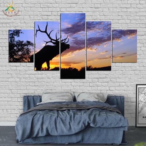 Forest Deer in Sunset Canvas Painting Modern Home Decor Print and Poster Vintage Wall Art Pictures for Living Room 5 Pieces