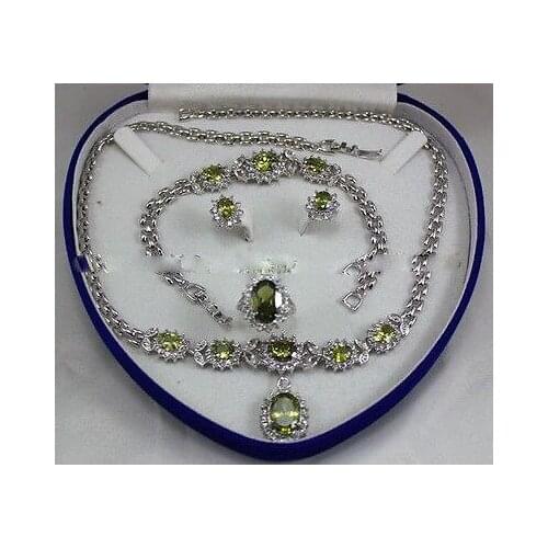 Hot selling> Charming!Peridot Inlay Link Bracelet earrings Ring Necklace Set>>Bridal wide watch wings que -Br