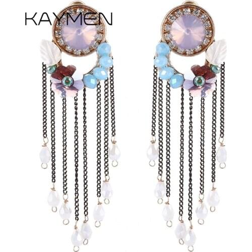 Fashion Womens Crystal with Chains Tassels Earrings Wedding Party Gift Golden Plated Girls Beads Flower Statement Drop Earrings