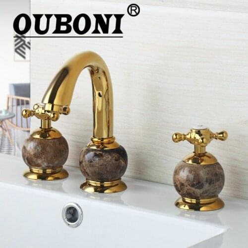 OUBONI Deck Mounted Bathtub Torneira Golden Spray 3 Pieces 2 Lever Shower Bathroom Basin Sink Brass Tap Mixer Faucet