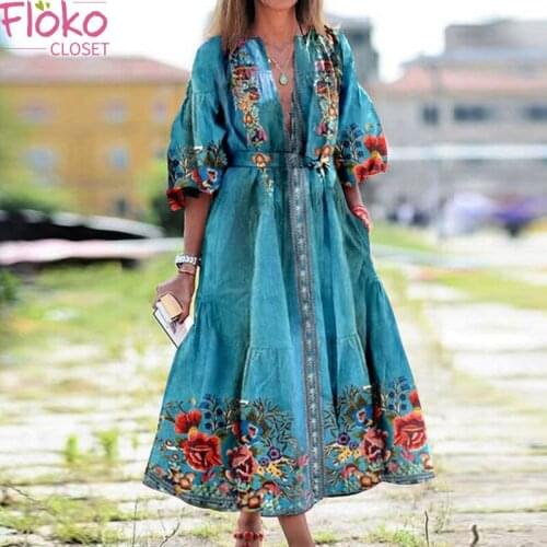 Flokocloset V-Neck Bohemian A-Line Print Dresses Summer Half Sleeve Boho Beach Midi Dress Elegant Sundress Robe