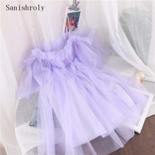 Sanishroly 2021 Womens Summer Dress Sexy Slash Neck Spaghetti Strap Dress Female Sweet Strapless Lace Mesh Dress Vestidos CD121