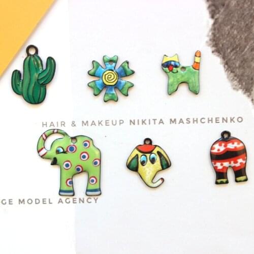 10pcs/lot Colorful cat elephant cactus flower Pendants animal Enamel Charms for DIY Earring Jewelry Handmade Finding XL715