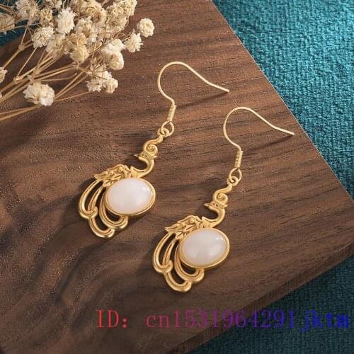 White Jade Phoenix Earrings Charm Gifts Jewelry Crystal Natural Gemstone Zircon Women Fashion 925 Silver Amulet Chalcedony