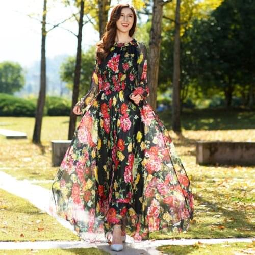 Long Sleeve Chiffon Flowers Print Slim Wiast maxi dress bohemia dress full plus size celebrity/graduation/Dinner Beach Sundress