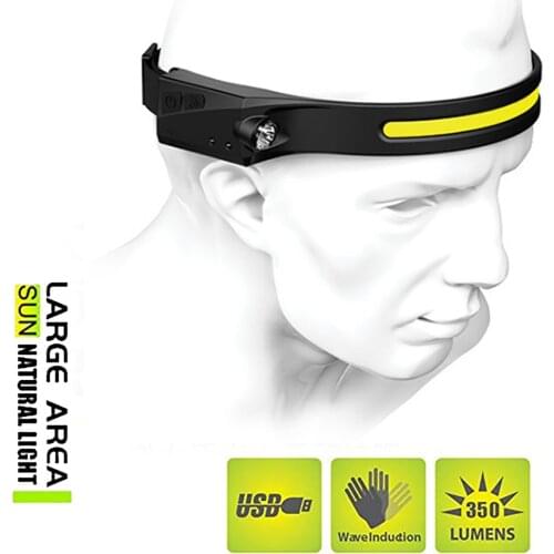 COB LED Headlamp Sensor Headlight with Built-in Battery Flashlight USB Rechargeable Head Lamp Torch 5 Lighting Modes Work Light