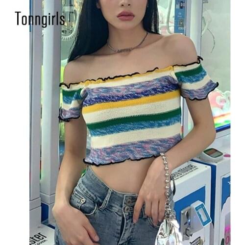 Tonngirls Knitted T-shirt Women Short Sleeve Crop Tops Striped Y2k Vintage T Shirt Off Shoulder Tee Tops For Summer Streetwear