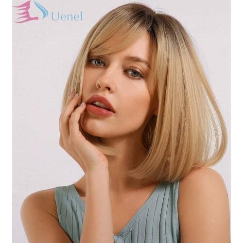 Uenel Fashion Short Bob Wigs with Bangs Synthetic Heat Resistant Wigs for Women Blonde