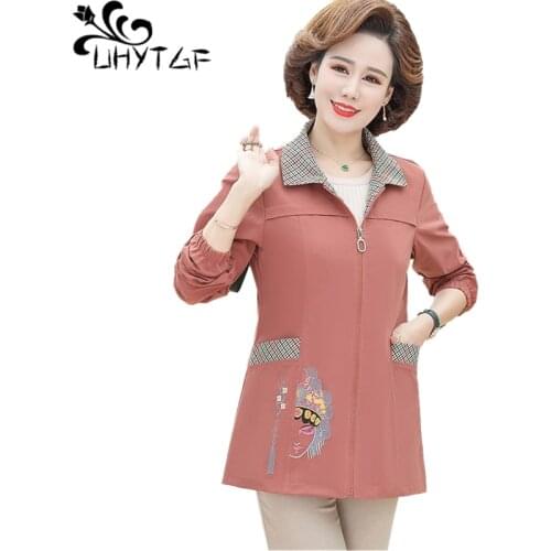 UHYTGF Womens Windbreaker New Fashion Pocket Embroidered Elegant Spring Trench Coat Female Casual Loose Plus Size Outerwear 1577