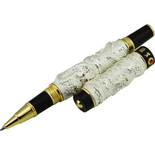 Jinhao Vintage Luxurious Rollerball Pen Double Dragon Playing Pearl, Silver & Black Metal Carving Embossing Heavy Pen for Office