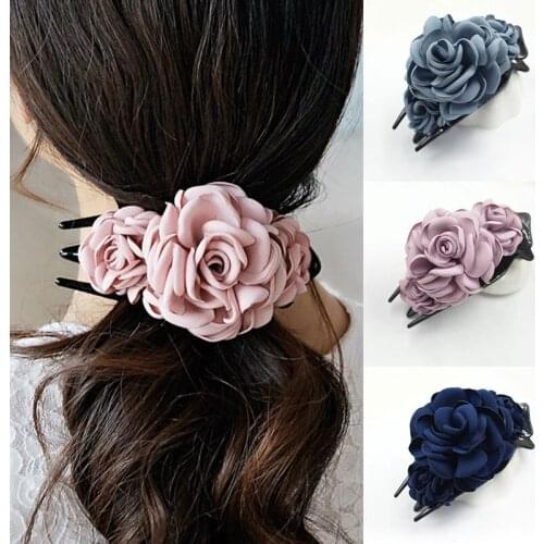 Korean Big Cloth Flower Rose Large Horsetail Crab Clip Women Girls Plastic Hair Claw Barrette Hairpin Hair Accessories Jewelry