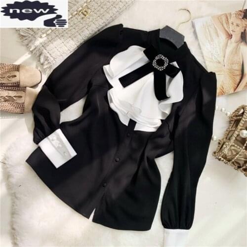 Elegant Bow Puff Long Sleeve Shirt Women Fashion Wine Red Slim Fit Chiffon Shirts Vintage Party Office Ladies Blouse Black Tops