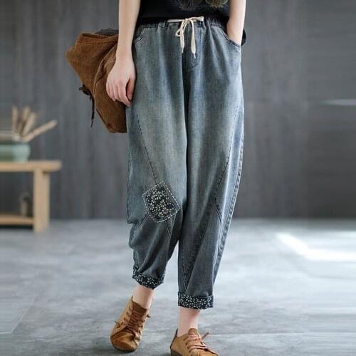 Women Summer Loose Casual Jeans New Arrival 2021 Vintage Street Style Elastic Waist Female Ankle-length Thin Denim Pants B343