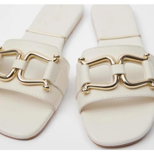 Zar a Woman 2021 Flat Shoes Spring Summer New Sexy Fashion Metal Square Toe Flat-Heeled Beach Sandals For Women Plus Size 35-41