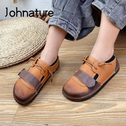 Johnature Genuine Leather Flats Women Shoes 2021 New Spring/Autumn Mixed Colors Lace-Up Round Toe Handmade Concise Ladies Shoes
