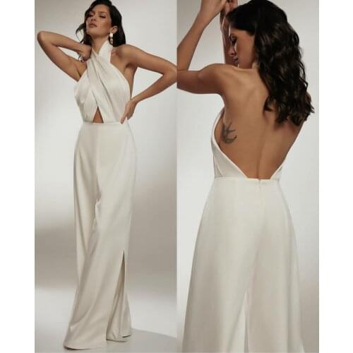 Long Pleated Satin Halter Jumpsuit Wedding Dress Sexy Open Back Floor Length Vestidos de Novia Abendkleid Bridal Gown for Women