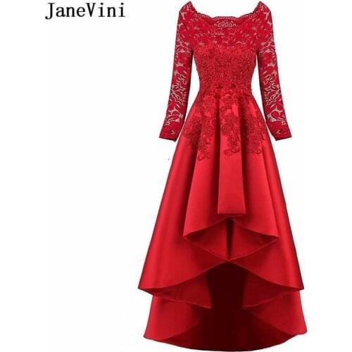 JaneVini 2019 High Low Red Prom Dresses Scoop Neck Long Sleeves Appliques Beaded Satin Gown Plus Size Prom Dress Galajurken Lang