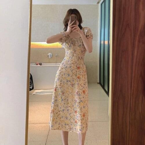 Women Summer Long Dress 2021 Puff Sleeve A-Line Square Collar Chiffon Party Floral Yellow Beach Vintage Clothing Vestidos Mujer