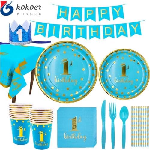 1st 1Year bule theme Birthday Party Decorations Disposable Tableware Baby Shower Plate Napkin Tablecloth Party Tableware Supplie