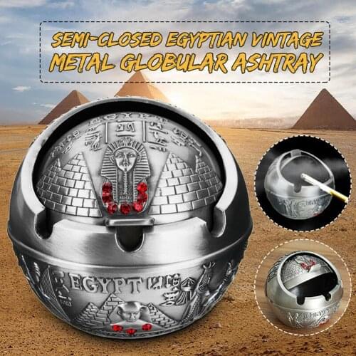 1 Pcs Ashtray Round Durable Protable Men Vintage Semi-Closed Egyptian Pharaoh Pyramid Rhinestone Metal Ashtray Gift